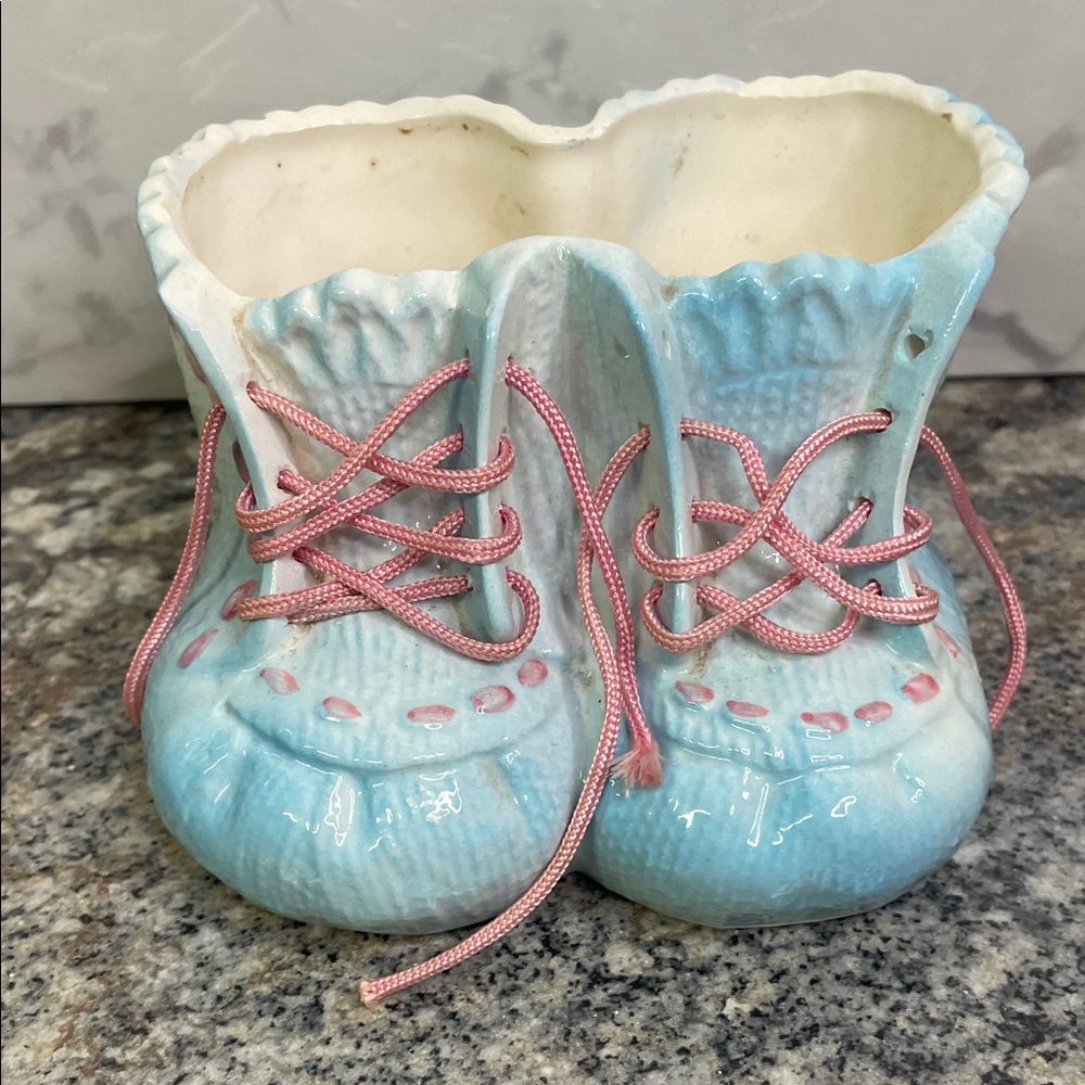 Vintage Inarco Planter Blue Baby Booties Shoes Bows Vase